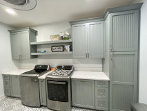 Amish cabinetry, painted Cornwall Blue, Quartz countertops