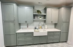 Amish cabinetry, painted Cornwall Blue, Quartz countertops