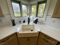 Amish Kitchen Cabinetry, Maple, Painted Pottery on Perimeter, Oak, Timberlake Stain on Island, Hanstone Calacatta Extra Quartz Countertop