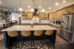 Custom Amish Kitchen, Rustic Maple with Husk Stain on Perimeter, Maple Painted Black on Island, Calacatta Kingston Quartz Countertops