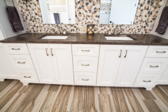 Master Bath, Amish, Cabinetry, Maple, White Paint; Granite Remnant, Cygnus Suede