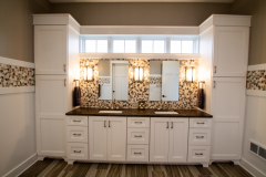 Master Bath, Amish, Cabinetry, Maple, White Paint; Granite Remnant, Cygnus Suede