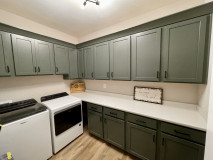 Waypoint Laundry Room 330S Painted Sage, Wilsonart Crisp Linen Countertops