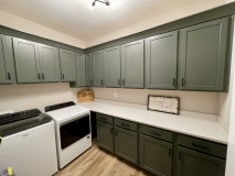 Waypoint Laundry Room 330S Painted Sage, Wilsonart Crisp Linen Countertop