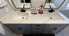  Waypoint cabinetry, 410F Painted Stone. MSI Calacatta Idillio quartz coutnertops.