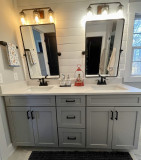  Waypoint cabinetry, 410F Painted Stone. MSI Calacatta Idillio quartz coutnertops.