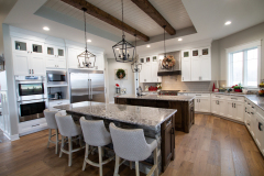 Custom Amish Kitchen, Maple Painted White on Perimeter, Special Walnut Stain on Islands, Bianco Antico Granite Countertops, Stainless Steel Hood