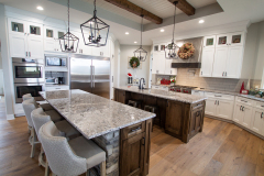 Custom Amish Kitchen, Maple Painted White on Perimeter, Special Walnut Stain on Islands, Bianco Antico Granite Countertops, Stainless Steel Hood